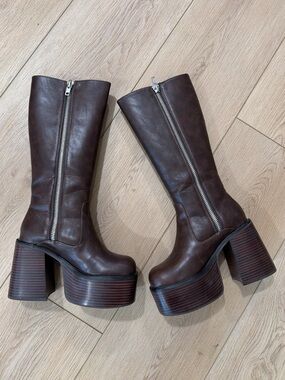 Dolls Kill Brown Knee-High Leather Heeled Boots